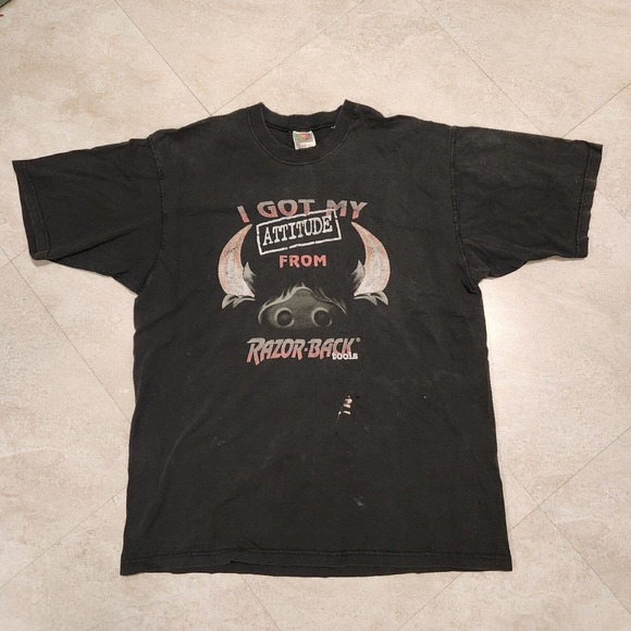 VTG Y2K Razor-Back Tools FADED DISTRESSED Mens L Large Black Graphic T Shirt - Picture 2 of 10